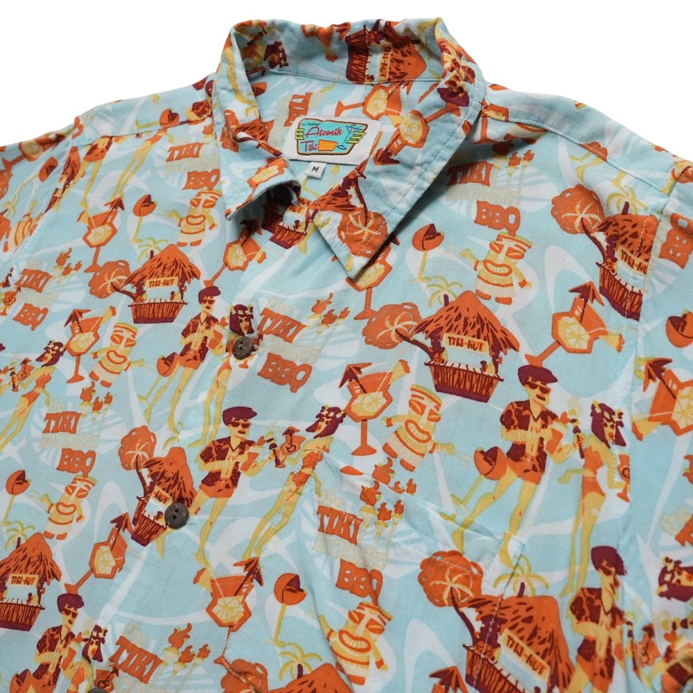 Atomik Tiki Hawaiian Shirt Mens Medium Blue Tiki BBQ Rayon Button Up